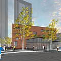 Modern Red Brick Building With Glass Facade In Urban Plaza With Trees And People