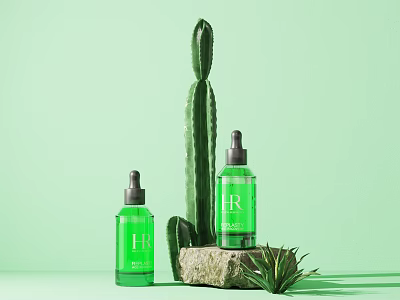 Green Cosmetic Bottles With Cactus And Succulent On Mint Background 3d model