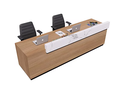 Modern Wooden Reception Desk With White Countertop Laptops And Black Chairs 3d model