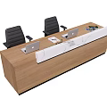 Modern Wooden Reception Desk With White Countertop Laptops And Black Chairs