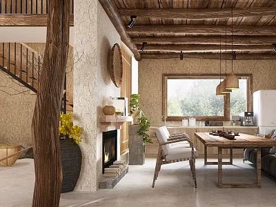 Rustic Interior Design With Wooden Beams Fireplace Dining Table And Green View Window 3d model