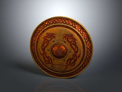 Round Metal Shield With Intricate Dragon Patterns And Central Emblem Design 3d model