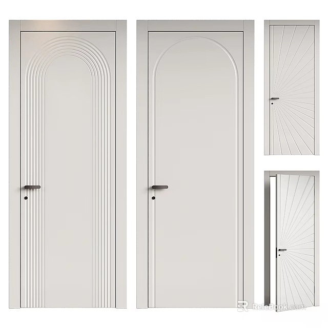 Modern White Hinged Doors With Arched Panels And Simple Line Decorations 3d model 
