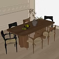 Wooden Dining Table With Six Chairs Woven Details And Fruits In Dining Room