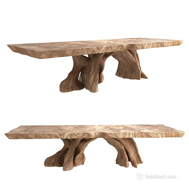 Natural Wooden Dining Table With Tree Trunk Legs And Solid Wood Top 3d model 