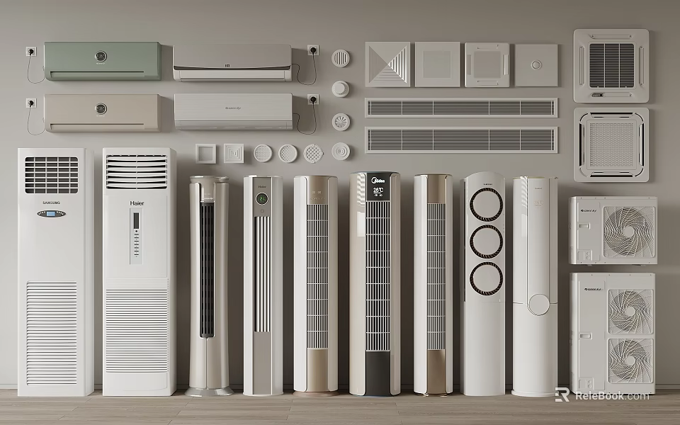 Different Types of Air Conditioner Fans Wall-Mounted Floor-Standing Cabinet-Type in Neutral Tones White Beige Gray 3d model 