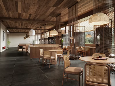 Rustic Restaurant Interior With Wooden Ceiling Hanging Lamps Wicker Chairs And Round Tables 3d model