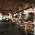Rustic Restaurant Interior With Wooden Ceiling Hanging Lamps Wicker Chairs And Round Tables