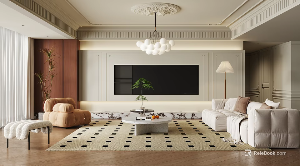 Elegant Modern Living Room Interior With White Sofa Marble Coffee Table Pendant Light And Green Plants 3d model 