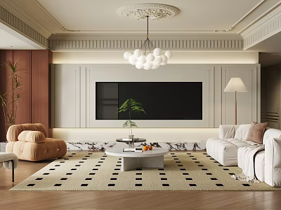 Elegant Modern Living Room Interior With White Sofa Marble Coffee Table Pendant Light And Green Plants 3d model