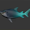 3D Cartoon Style Blue Shark With Glowing Features Open Mouth Sharp Teeth Dark Background Reflection
