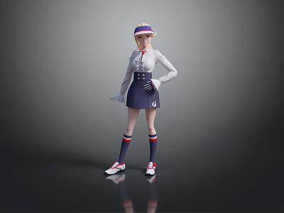 Human Female Character Wearing Purple White Hat White Shirt And Navy Blue Suspender Skirt 3d model