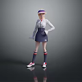 Human Female Character Wearing Purple White Hat White Shirt And Navy Blue Suspender Skirt
