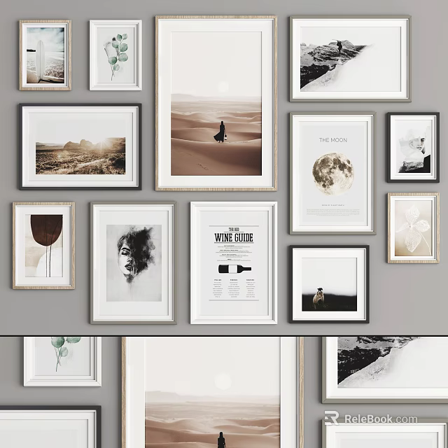 Various Framed Artworks On Wall Including Desert Scene Wine Glass Moon And Plant Decor 3d model 