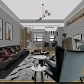 Modern Living Dining Room Interior With Gray Sofa Pink Cushions And Geometric Rug