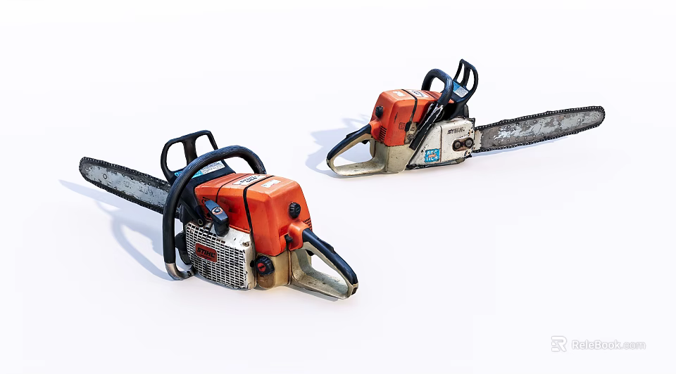 Industrial Chainsaws With Orange And White Bodies Black Handles And Cutting Chains 3d model 