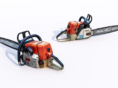 Industrial Chainsaws With Orange And White Bodies Black Handles And Cutting Chains 3d model