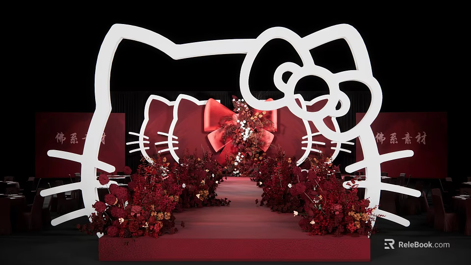 Hello Kitty Themed Decorative Setup With Red Floral Decor And White Silhouette 3d model 
