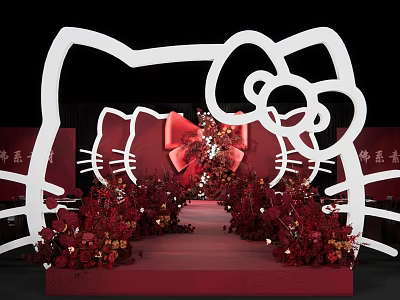 Hello Kitty Themed Decorative Setup With Red Floral Decor And White Silhouette 3d model