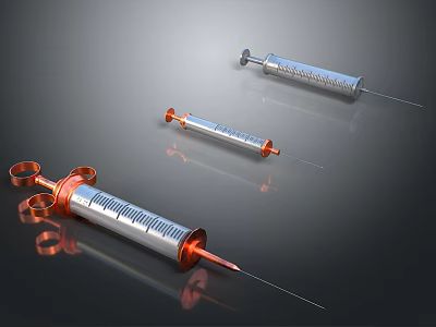Medical Syringes With Metal Structure And Orange Parts In Different Sizes 3d model