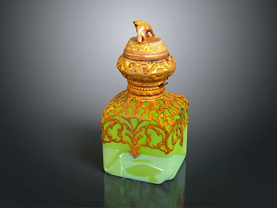Green Square Shaped Ornamental Jar With Golden Patterns And Animal Figurine Lid 3d model