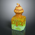 Green Square Shaped Ornamental Jar With Golden Patterns And Animal Figurine Lid