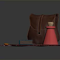 Brown Leather Shoulder Bag On Red Plaid Cloth With Small Accessories