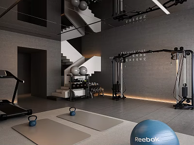 Modern Fitness Gym Interior With Treadmill Kettlebells Yoga Mats Staircase And Reebok Ball 3d model