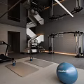 Modern Fitness Gym Interior With Treadmill Kettlebells Yoga Mats Staircase And Reebok Ball