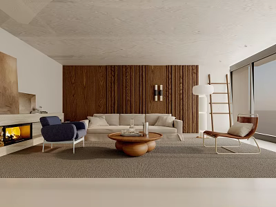 Modern Living Room Interior With Wooden Accent Wall Beige Sofa Blue Armchair And Fireplace 3d model