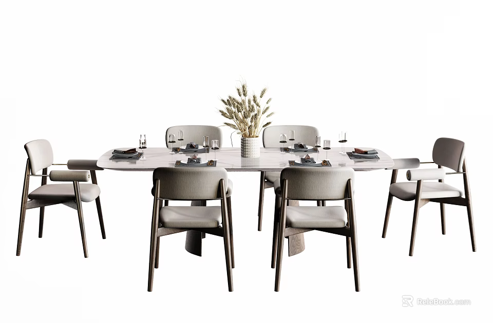 Modern Round Dining Table Set With Chairs Vase And Tableware 3d model
