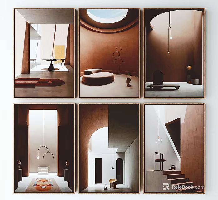 Modern Interior Landscape Paintings With Arched Doorways Circular Furniture And Stairs 3d model 