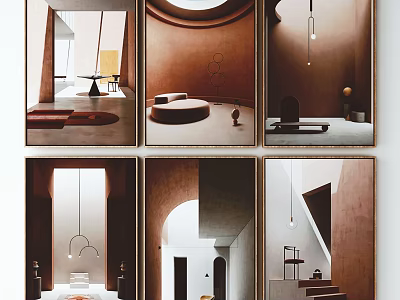 Modern Interior Landscape Paintings With Arched Doorways Circular Furniture And Stairs 3d model