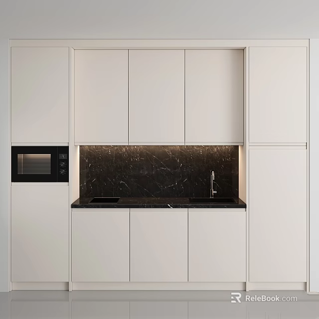 Modern Kitchen With White Cabinets Black Marble Countertop Sink And Microwave 3d model