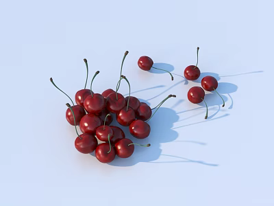 Pile of Fresh Red Cherries with Green Stems Some Scattered on White Background 3d model