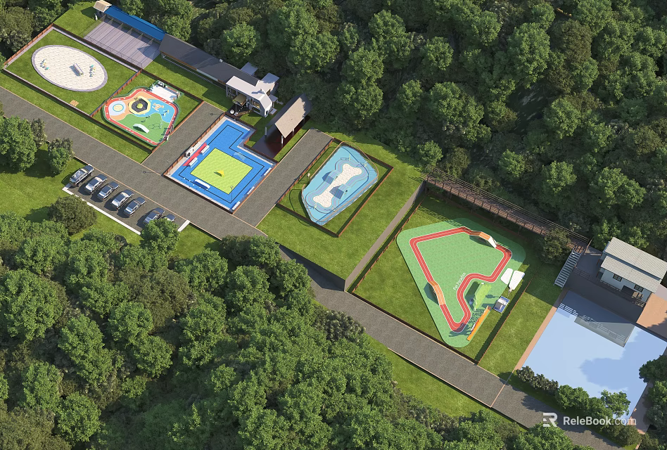 Scenic Park Landscape Featuring Multiple Sports Courts Lush Greenery And Parking Area 3d model 