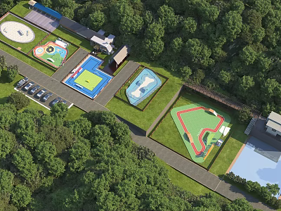Scenic Park Landscape Featuring Multiple Sports Courts Lush Greenery And Parking Area 3d model