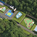 Scenic Park Landscape Featuring Multiple Sports Courts Lush Greenery And Parking Area