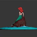 Little Mermaid Figurine Sitting On Rock With Red Hair Green Tail And Blue Water Waves