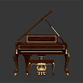 Elegant Brown Wooden Grand Piano With Ornate Details And Matching Stool Musical Instrument