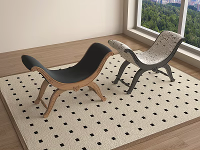 Modern Sofa Stools In Black And Patterned Design On Checkered Rug With Wooden Floor 3d model