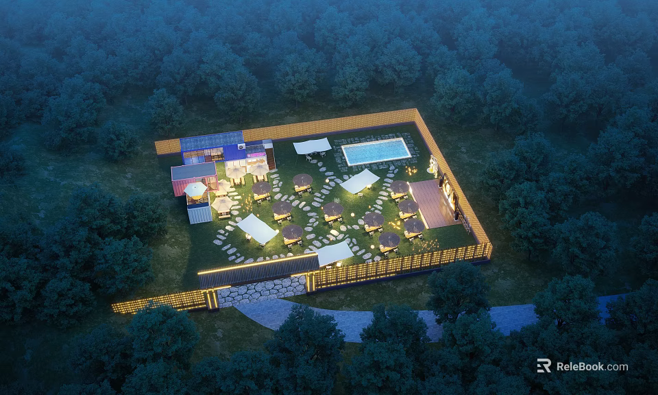 Aerial View Planning of Forest Surrounded Site with Building Swimming Pool and Outdoor Leisure Area 3d model 