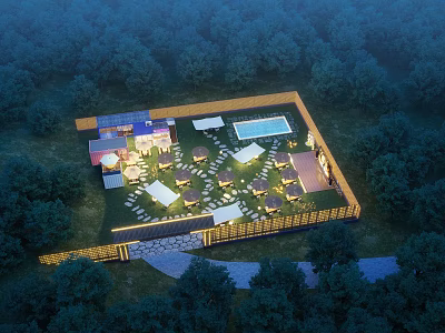 Aerial View Planning of Forest Surrounded Site with Building Swimming Pool and Outdoor Leisure Area 3d model