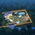 Aerial View Planning of Forest Surrounded Site with Building Swimming Pool and Outdoor Leisure Area