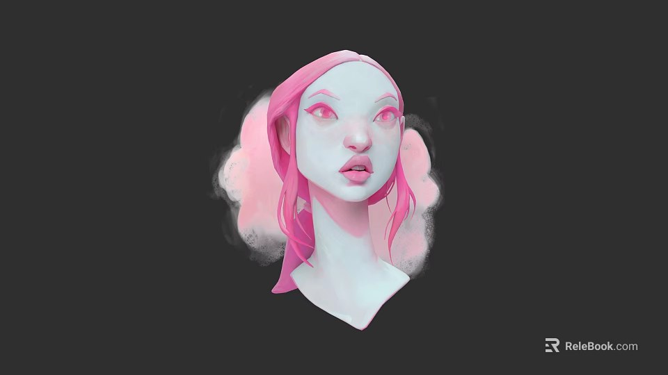 Woman with pink hair and pink eyes light skin on dark background with cloud like elements 3d model 