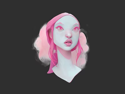 Woman with pink hair and pink eyes light skin on dark background with cloud like elements 3d model