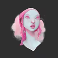Woman with pink hair and pink eyes light skin on dark background with cloud like elements