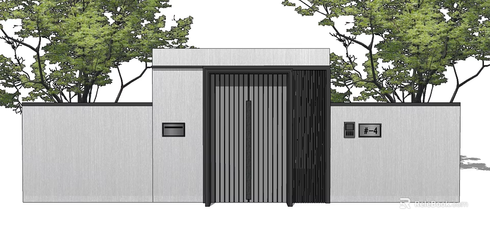 Modern Entrance Gate With Metal Slats And White Wall Surrounded By Trees 3d model 