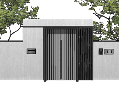 Modern Entrance Gate With Metal Slats And White Wall Surrounded By Trees 3d model