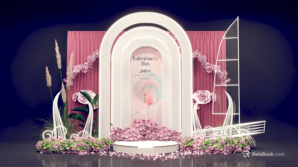 Romantic Valentine's Photo Check In Spot With Pink Arch Flowers And Decorations 3d model 